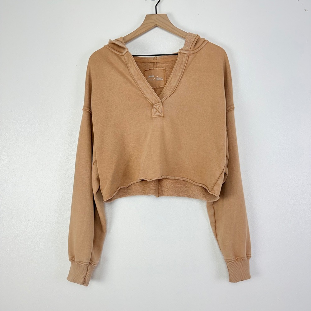 Aerie Cropped Hoodie Women S Tan Raw Hem French Terry Long Sleeve Lounge Sporty